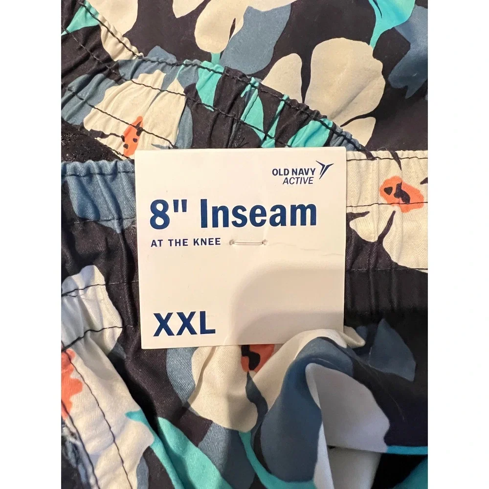 NEW Old Navy‎ Active Mens XXL Floral Swim Trunks Navy Blue 8 Inch Inseam UPF 40+